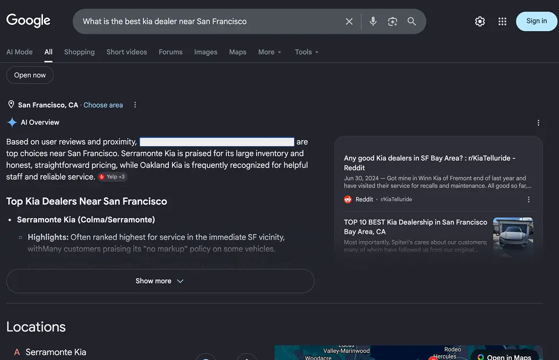 Google AI Overview citation: best Kia dealer near San Francisco